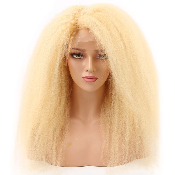 

hc 613 lingt blonde kinky straight lace front wigs brazilian virgin raw human hair wigs 13*4 transparent lace 150% density peruvian ks 63, Black;brown