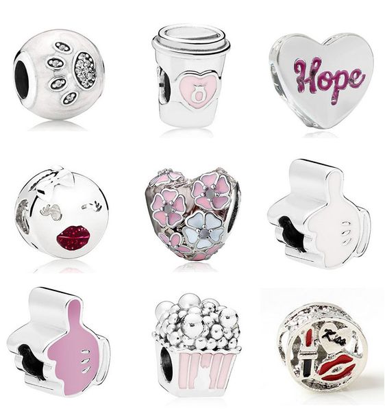 20 pz Tazza di Caffè Rossetto Popcorn Magnolia Zampa Stampa Argento Charms Perline Ciondolo Perline Misura Fascino Europeo Pandora Bracciale Gioielli Fai da Te Natale