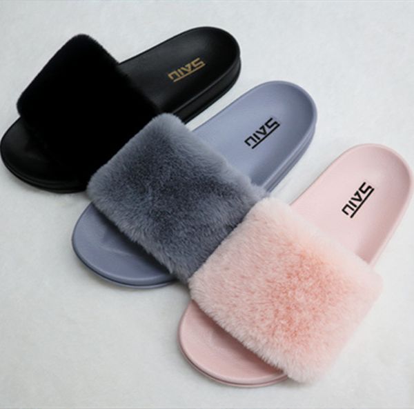 

wholesale women sandals fur slippers club hairy luxury non-slip wear-resisting plush outdoors holiday beachwear flat shoes stylish 0078, Black