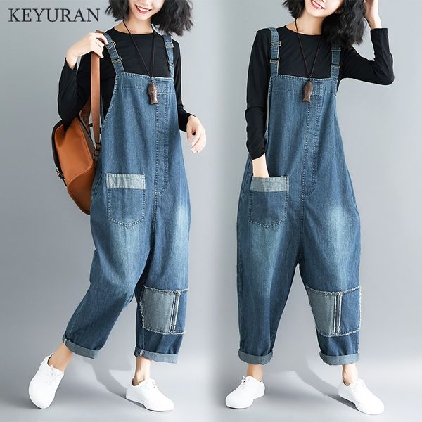 

big pockets wide leg denim overalls women baggy suspenders bib cowboy pants plus size low drop crotch casual jean jumpsuits 3374, Blue