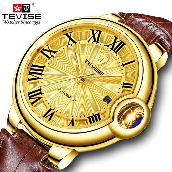 

men automatic mechanical watchtevise fashion leather strap golden dial male clock men wristwatch, Slivery;brown