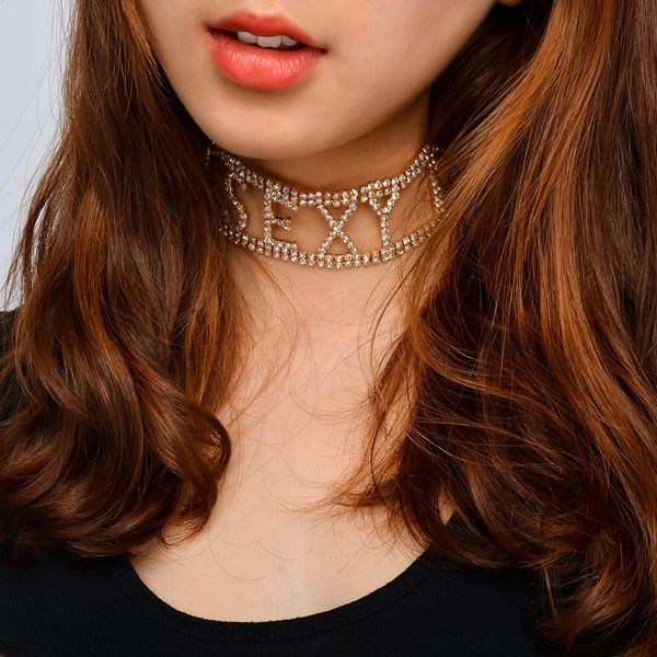 

nightclub fashion necklace fashion women's full drill letters short neck chain, Golden;silver