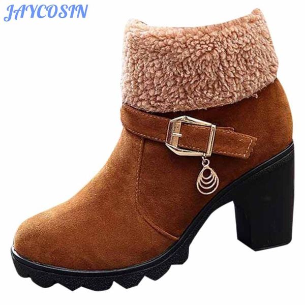 

jaycosin winter boots women shoes short plush keep warm flock high boots for women square heels shoes zapatos de mujer, Black