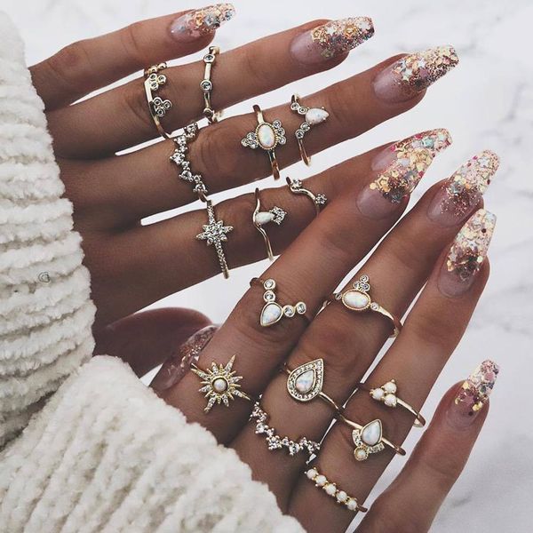 

new 16pcs/set joint ring charm vintage moon star sun crown drop shape finger rings set for women party ring jwelry gift for girl, Golden;silver