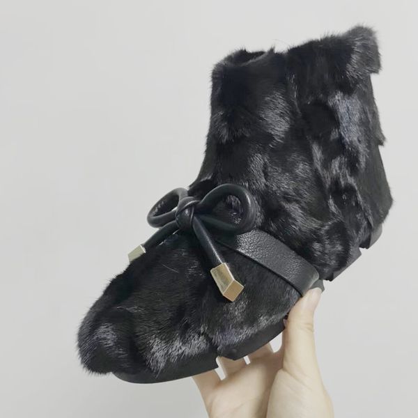 

black faux fur women winter snow boots side zip flats short bottine femmes bowknot strap ankle botas woman rubber zapatos mujer