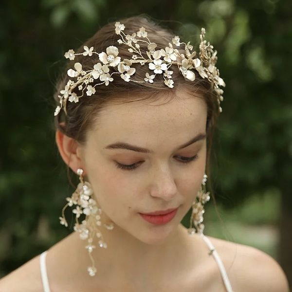 

patina flower bridal hair vine crown crystal headband tiara wedding accessories party prom hair jewelry brides, Golden;white