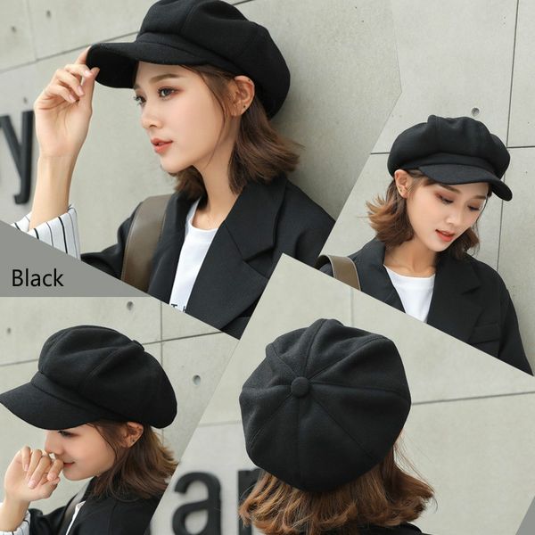 

2019 women wool beret hats autumn winter newsboy caps stylish octagonal cap artist painter black grey beret hats, Blue;gray