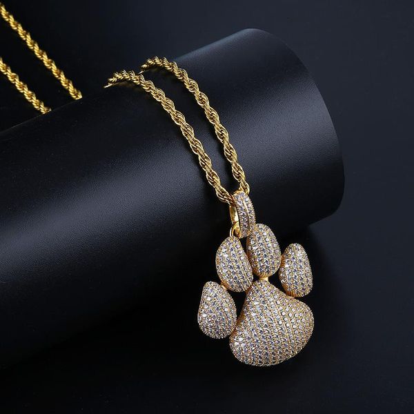 

personalized 18k gold plated full cubic zirconia cute dog footprints pendant necklace twist chain hip hop jewelry gifts for boys and girls, Silver