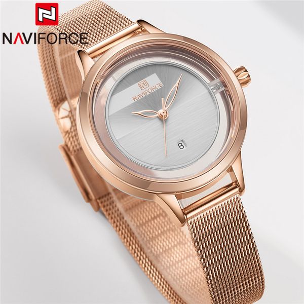 

naviforce women watch rose gold white ladies wristwatch mesh stainless steel bracelet date female clock 5014, Slivery;brown