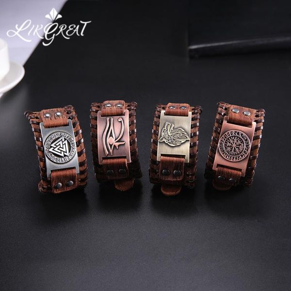 

likgreat vintage charm wide leather bracelet men punk braided rope alloy male wristband viking bracelet mens jewelry, Golden;silver