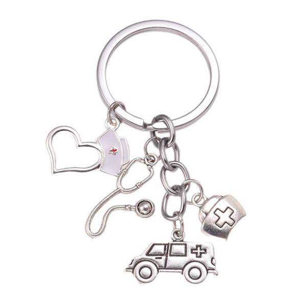 

medical ambulance keychain keyring emergency center heart shaped nurse cap doctor nurse keychain creative medical supplies jewelry gift, Slivery;golden