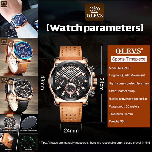 

olevs men's breathable genuine leather multi dial analogue quartz watch luminous water resistant chronograph sports timepiece wristwatc, Slivery;brown