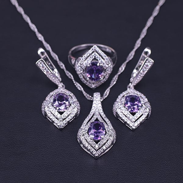 

earrings ring necklace set purple cubic zirconia silver 925 jewellry set for women bridal jewelry party/wedding/engagement