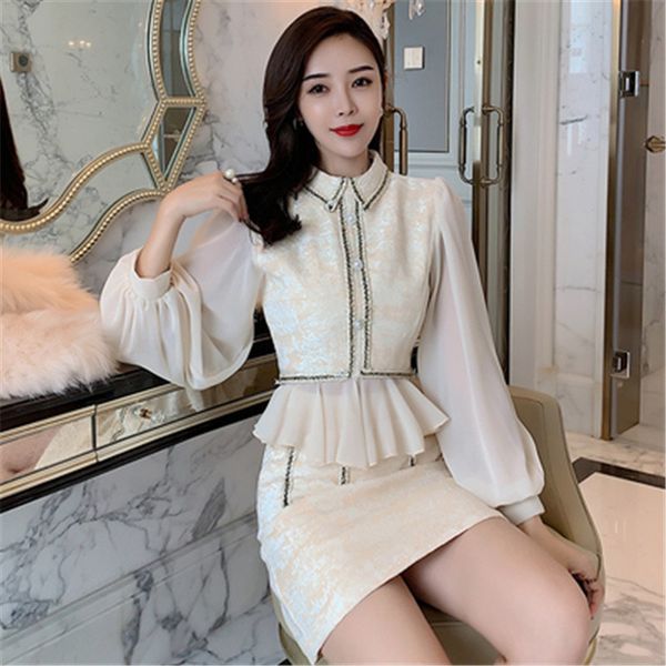 

2020 осень элегантные женщины 2 шт. комплект сладкий пэчворк оборками фонарь рукав топы + высокая талия трапеция короткая юбка женский компл, White