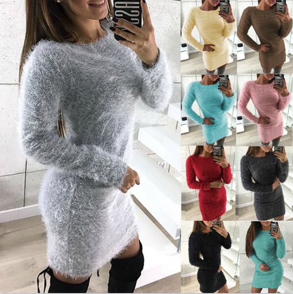 

spot 2021 european autumn and winter solid color fashion casual long-sleeved round neck plush dress, support mixed batch, Black;gray