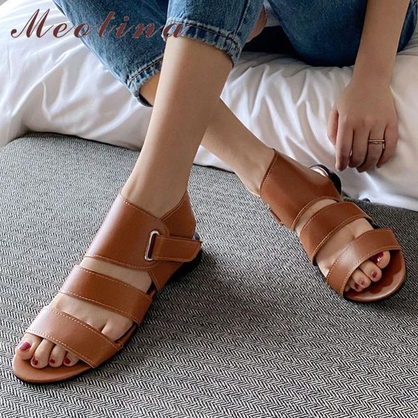 

meotina women shoes ankle-wrap flat sandals round toe flat rome footwear female summer ladies sandals white brown large size 43, Black