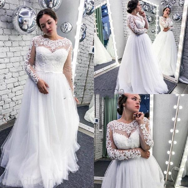 

2020 sheer neck long sleeve white wedding dresses sweep train appliques illusion garden country bridal gowns vestidos de novia plus size
