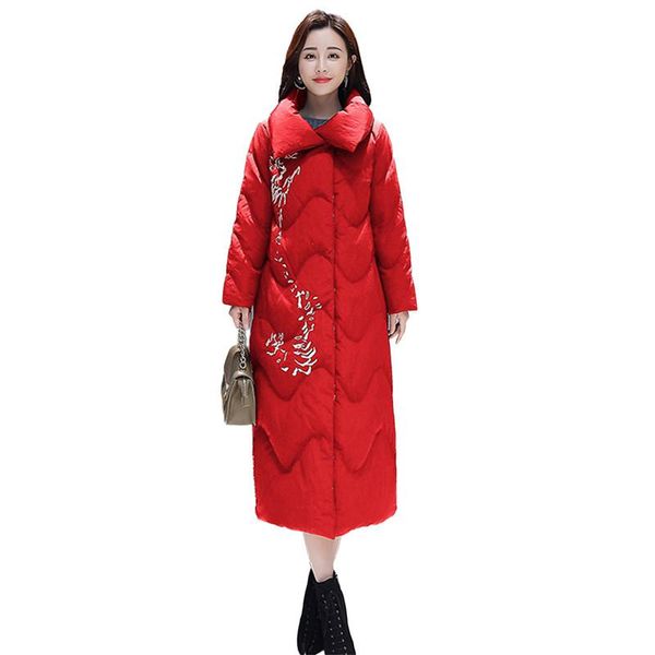 

women winter chinese national style parka cotton coat female embroidery vintage long casual jacket ladies thicken warm coat v354, Black