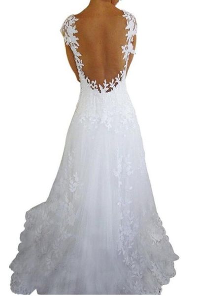

elegant lace scoop cap sleeves wedding dresses sheer illusion back bridal gown dresses white ivory lace applique tulle dress for women