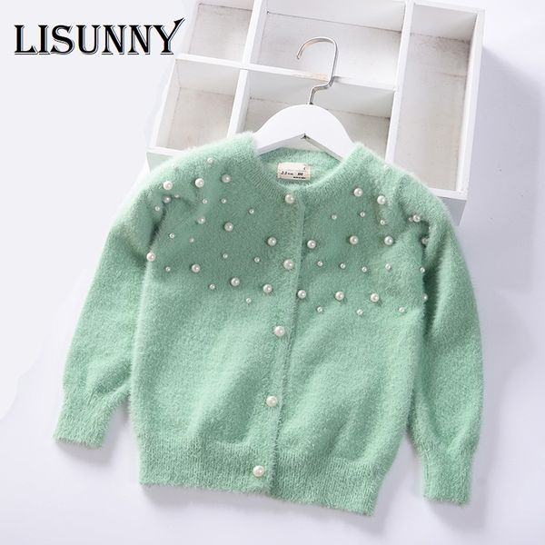

2019 autumn winter pearl solid warm girls sweater baby princess mink velvet knit cardigan jacket kids clothes children clothing, Blue