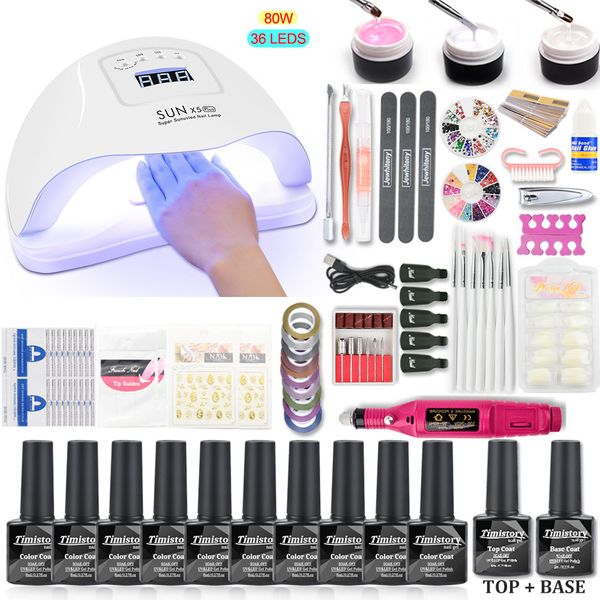 

led uv nail lamp manicure set 10 color gel nail polish varnish set acrylic kit uv extension gel kit with drill