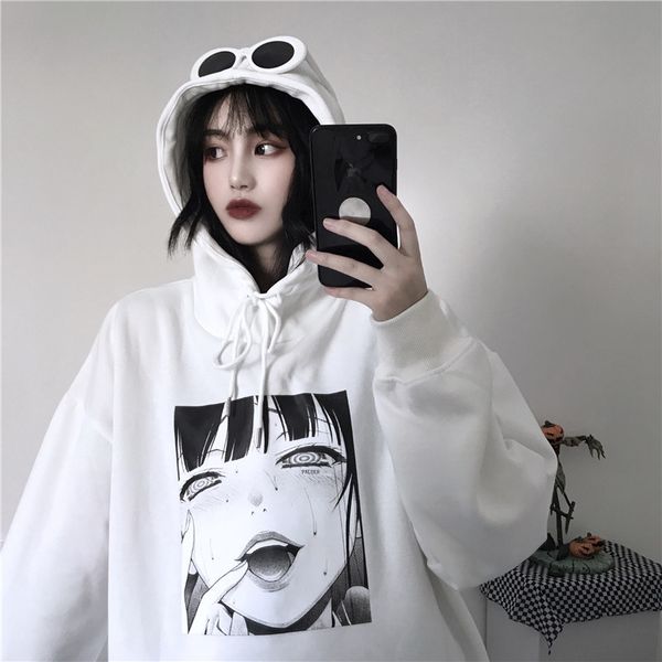 

japanese harajuku style girl print loose warm fleece hoodies autumn winter street long sleeve hooded pullovers sweatshirt women, Black