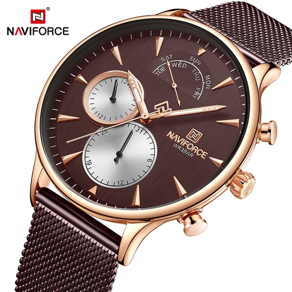 

naviforce relogio masculino men watches stainless steel mesh strap waterproof quartz watch for man fashion gift, Slivery;brown