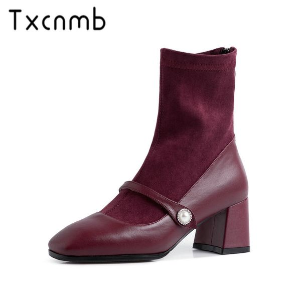 

txcnmb 2019 new boots women mid-calf boots autumn winter warm square heels shoes woman genuine leather casual quality brand, Black