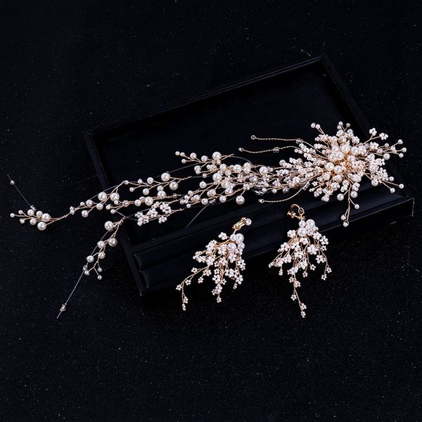 

bridal jewelry pearl hair band earrings set bride wedding dress headdress temperament wild female accessories fashion jewelry, Golden;white