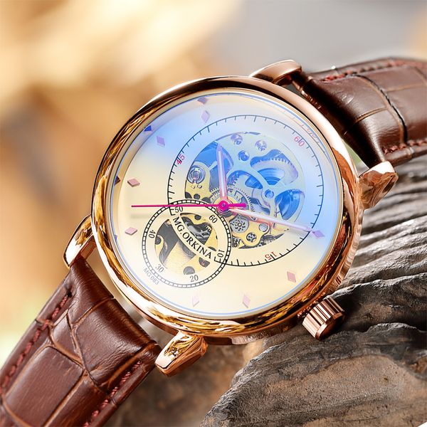 

relojes hombre 2019 новый дизайн orkina скелет механические часы автоматическая кожа / сетка из нержавеющей стали ремешок relogio мужчина дл, Slivery;brown
