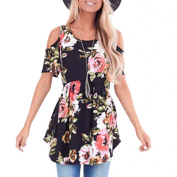 

flowers print women's t-shirt o-neck short sleeve tee cross strapless fashion ladies clothing shirt casual summer, White