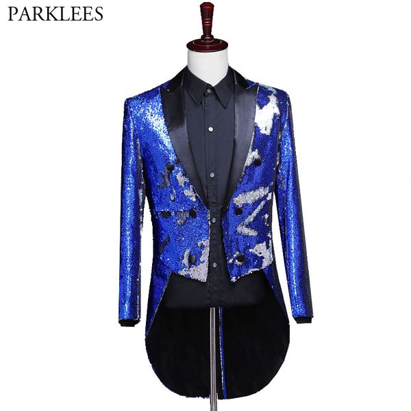 

fashion blue sequin suit blazer men party wedding groom prom dress blazer men tuxedo tailcoat stage singer host dance costumes, White;black