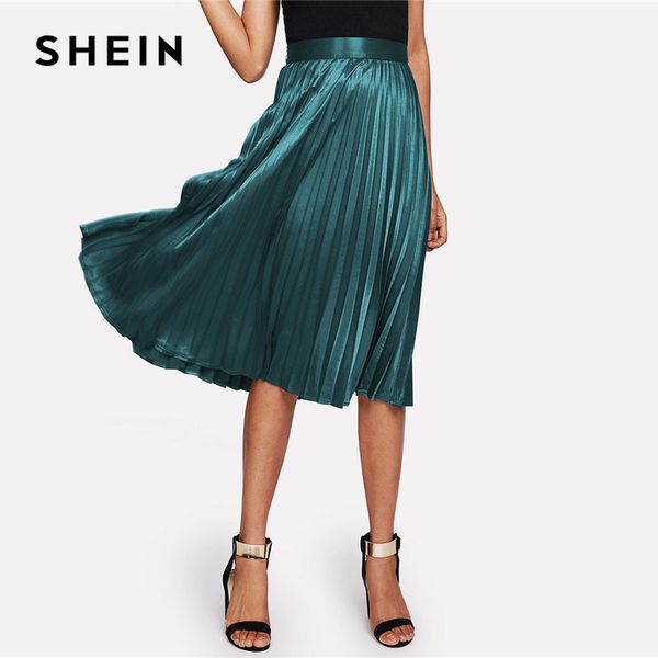 

shein zip closure pleated satin skirt green mid waist women clothing plain party skirt 2018 spring casual full length, Black