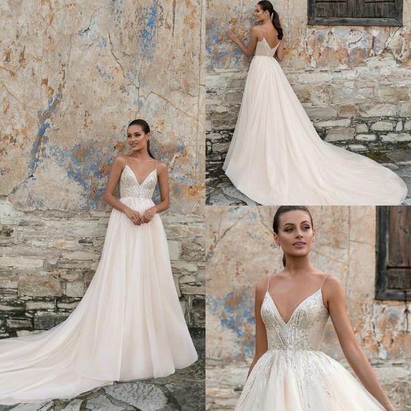 

2021 lace wedding dresses spaghetti straps appliques sequins bridal gowns custom made sweep train a line wedding dress robe de mariee, White