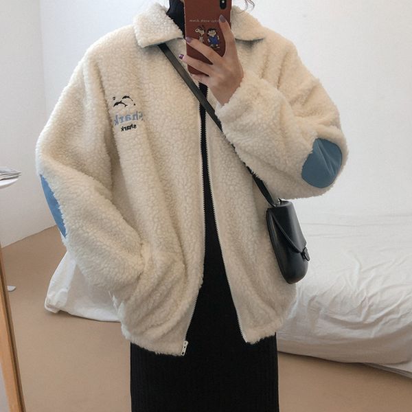 

women autumn and winter vintage style short wool lamb coat outwear long sleeve color patchwork jacket womens (f3609, Tan;black