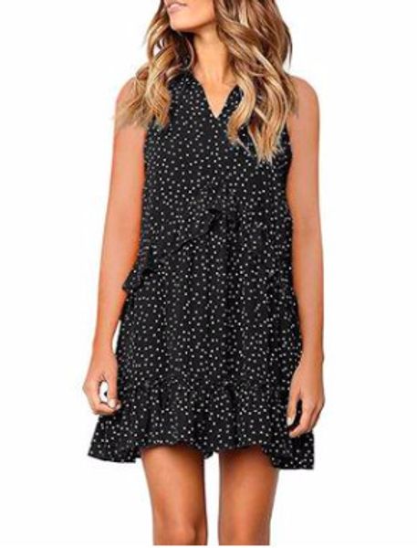 

2020-ся дамы короткая юбка листьев лотоса края v приводят рукавов волновой точки шифоновое платье, Black;gray