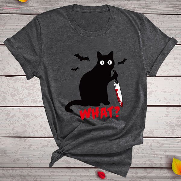 

black cat what tshirt murderous cat knife women funny t shirt short sleeve halloween tees femme camisetas verano mujer 2019, White