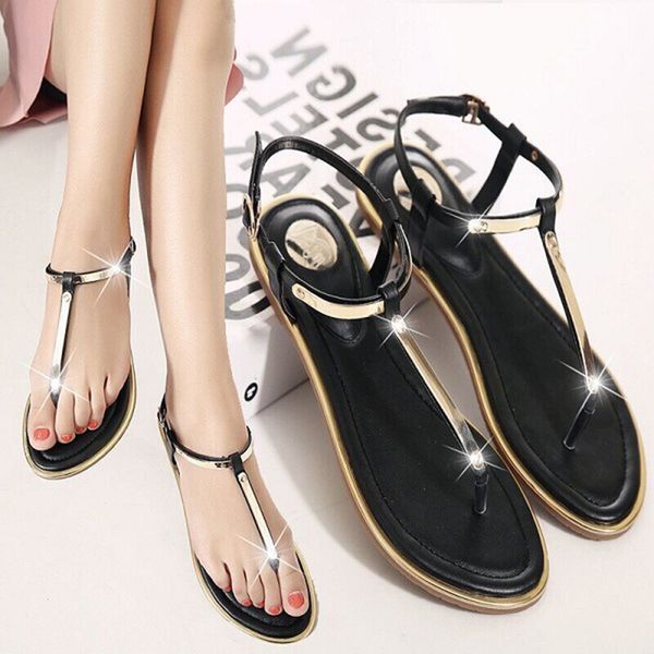 

boho metal t-straps flat sandals thong gladiator sandals women 2019 casual beach pu leather fashion buckle strap women shoes, Black
