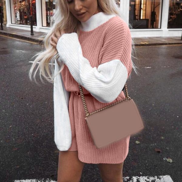 

sweters women invierno 2019 fashion women's sweater casual color blocking full sleeve turtleneck lazy loose sweater women, White;black