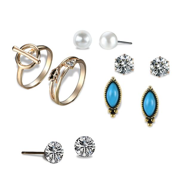 

простой стиль комплект ювелирных изделий жемчуг циркон серьги стержня для женщин геометрические золотые кольца цвета для женщин свадебные на, Silver