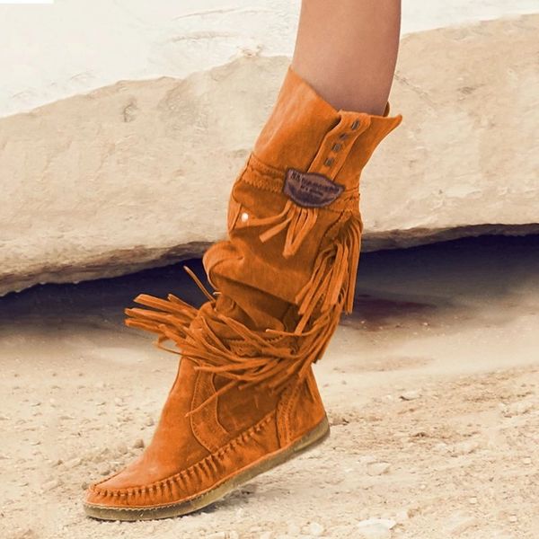 

monerffi cowboy style boots women fashion fringe middle boots chunky heel tassel motorcycle bota feminina 2019, Black