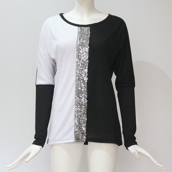 

2020 ladies and blouses off shoulder long sleeve shirt sequined patchwork tunic casual loose plus size chemise femme, White