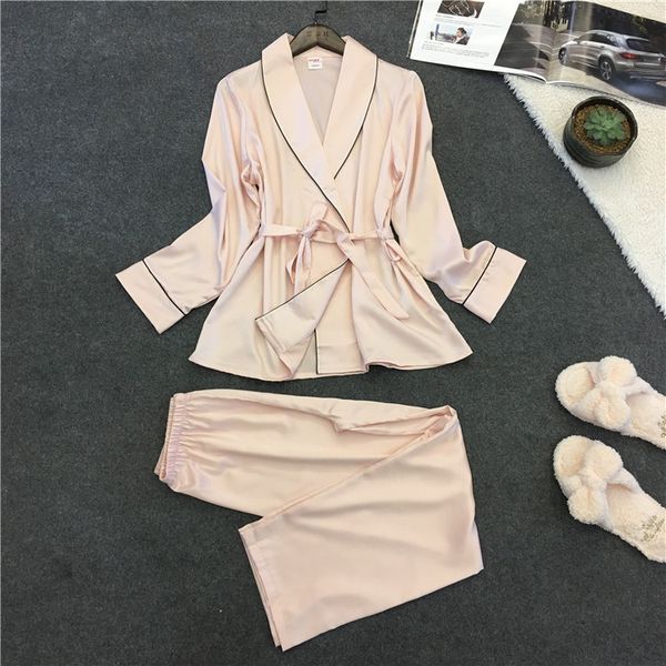 

feier 2 piece women sleepwear female homewear silk satin pajamas set long sleeve sleepwear pajamas suit, Black;red