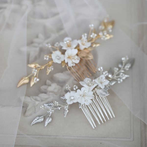 

rhinestones crystal hair combs clips flower leaf head pieces bridesmaids bride hairpins wedding accessories bridal hair jewelry, Golden;white