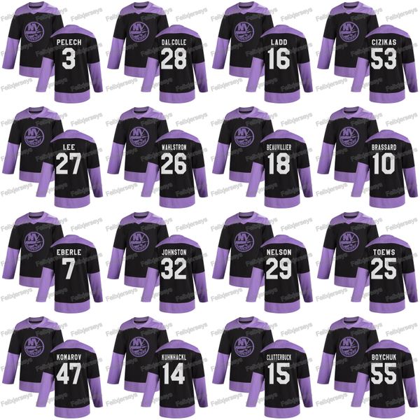 

27 anders lee 2020 hockey fights cancer new york islanders leo komarov oliver wahlstrom ross johnston tom kuhnhackl andrew ladd jersey, Black;red