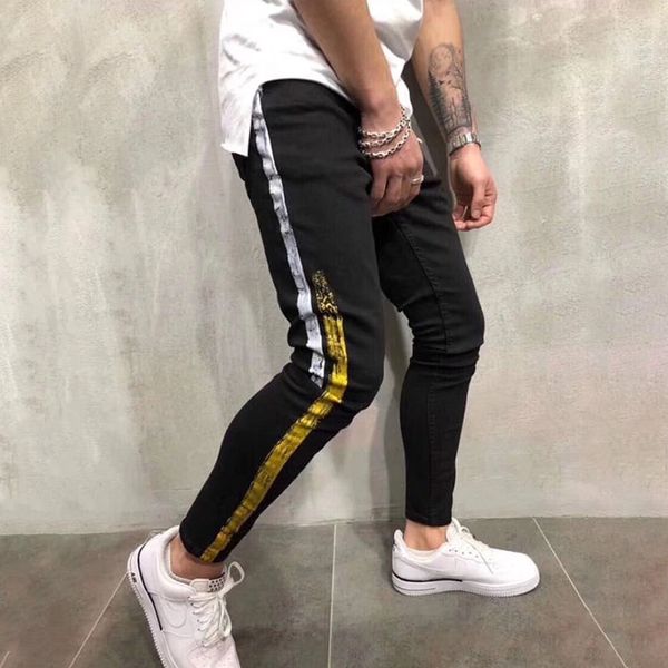 

brand new mens jeans mens designer skinny ripped yellow red stripes pants mens stretch slim biker jeans, Blue