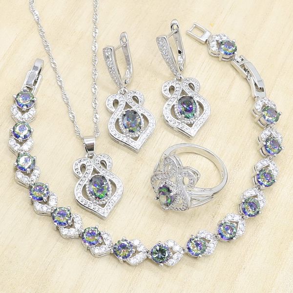

women bridal jewelry sets multicolor rainbow zircon 925 sliver bracelets necklace pendant earrings rings birthday wedding gift, Silver