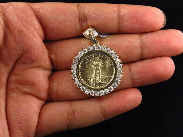10K Yellow Gold Over Statue of Liberty Lady Coin Charm Pendant 1.5" Inch