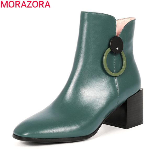

morazora 2020 autumn winter new brand women boots fashion square heel genuine leather ankle boots classic green simple shoes, Black
