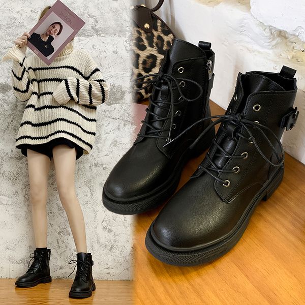 

women's boots autumn round toe shoes luxury designer boots-women lace up booties ladies winter footwear rock fashion 2019 med, Black